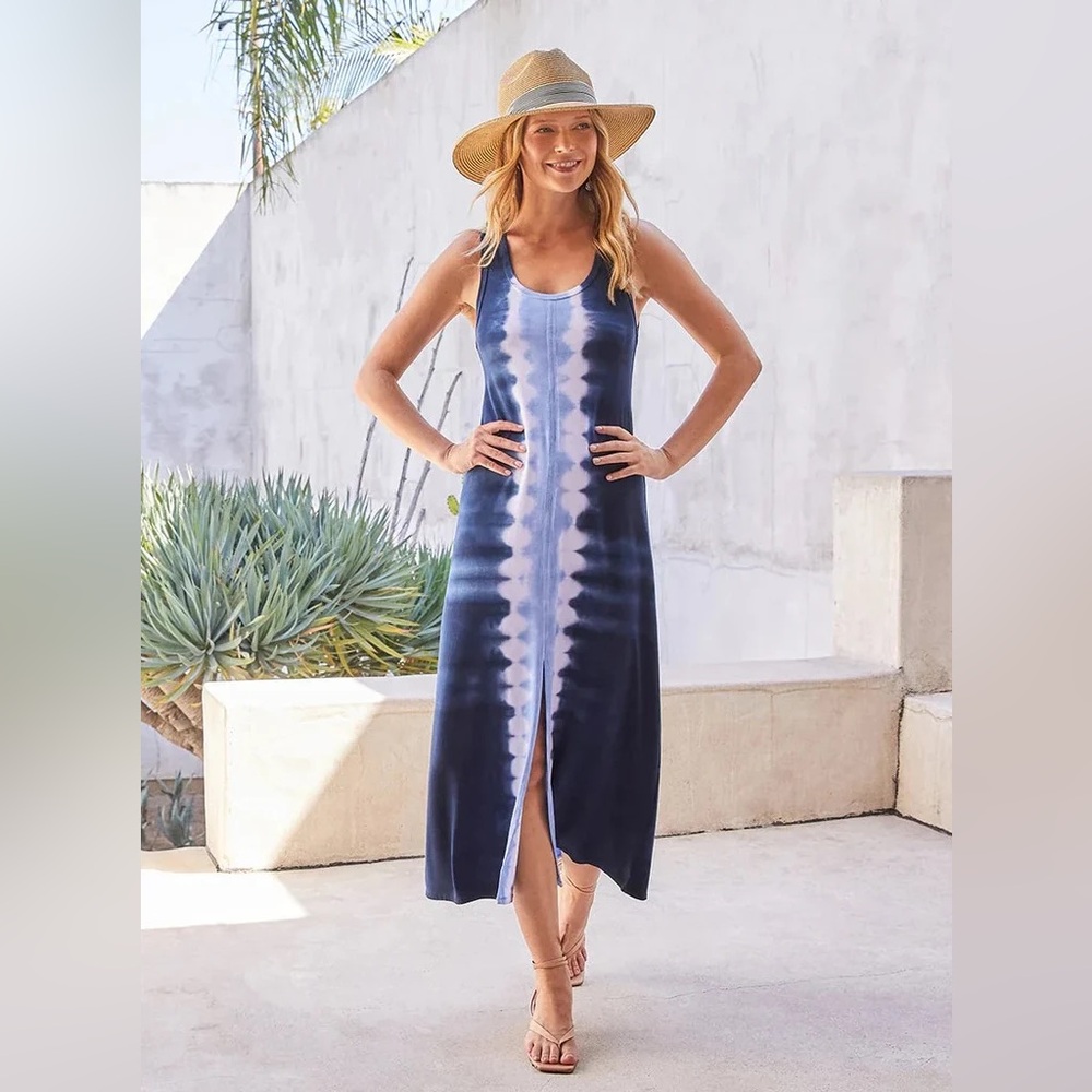 Karen Kane Tie Die Boho Front Slit Blue White Midi Dress Medium